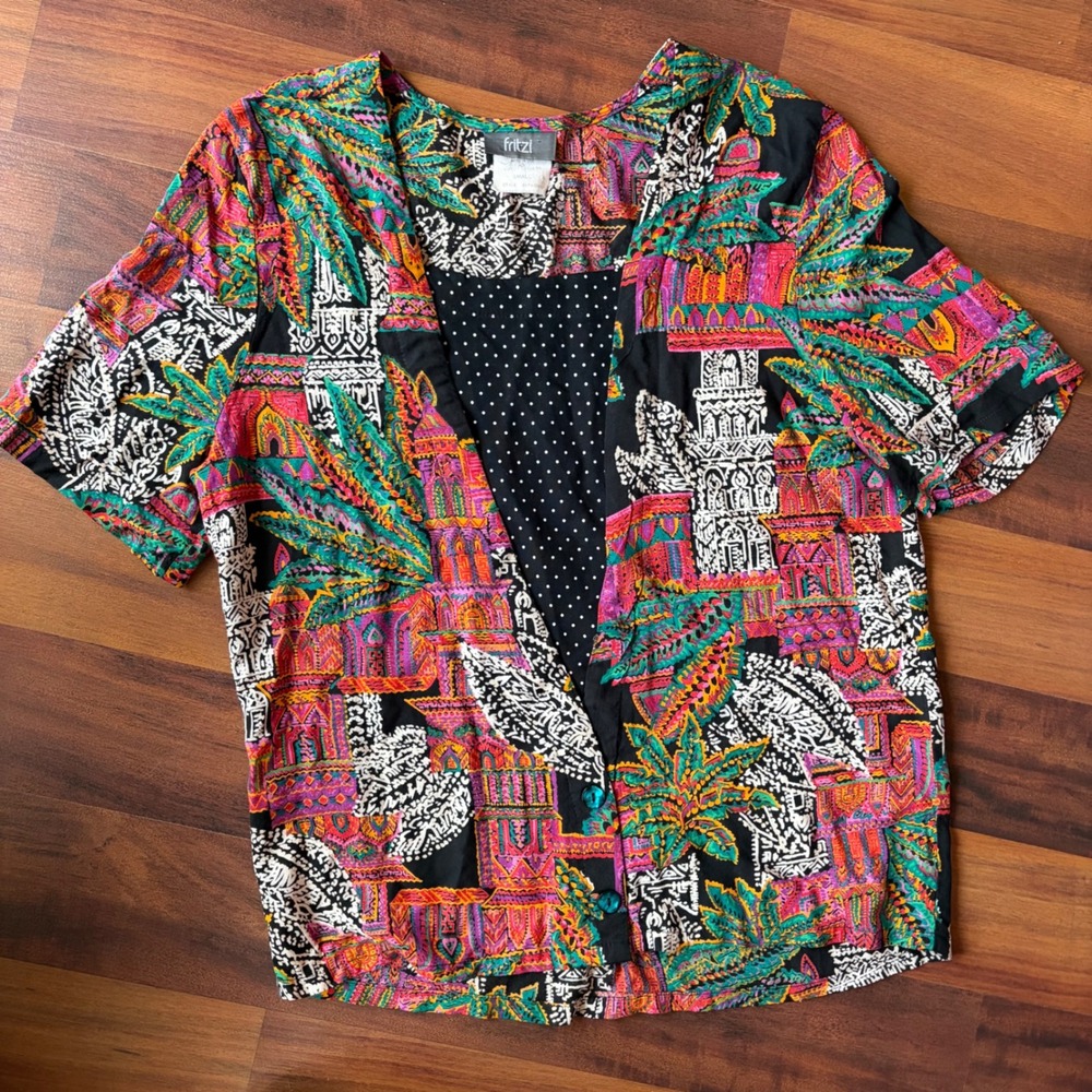 Ms Frizzle 90s Mixed Print Rayon Blouse Art Teacher Boho Top Small 4274-DW5F
